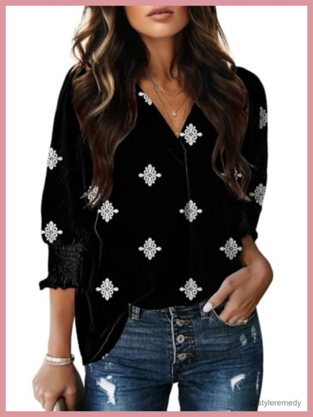 Women's Collared V-Neck Blouse with 3/4 Sleeves Loose Fit Textured Top